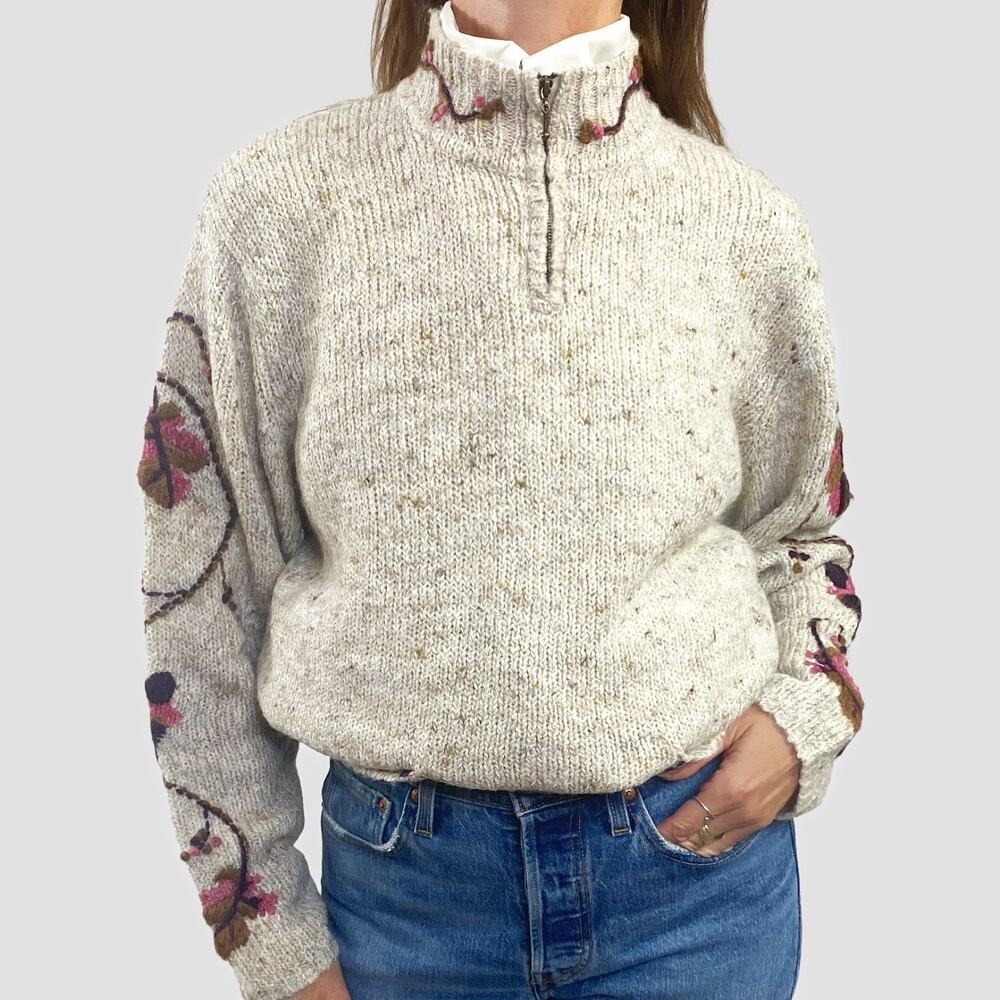 Vintage Beige Pullover Floral Embroidered Bears Quarter Zip Sweater Sz Large
